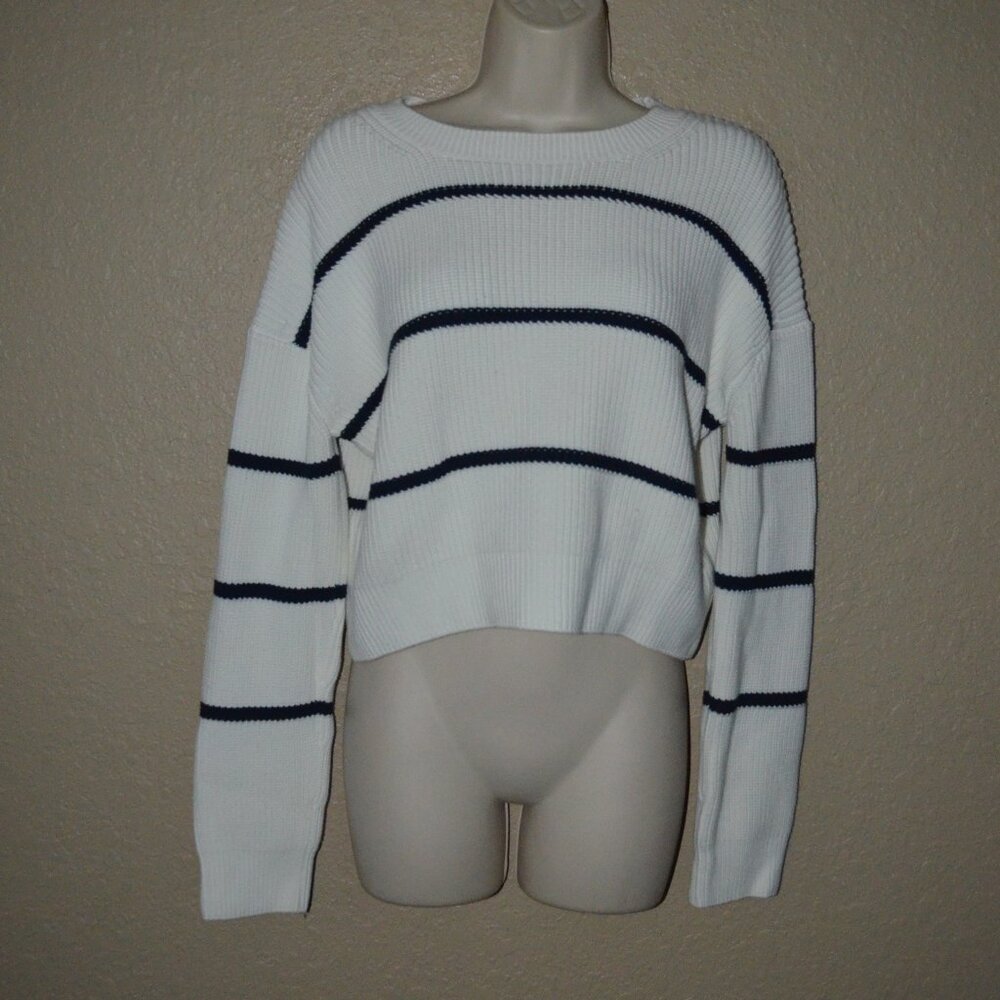 Sz M Vince White Navy Striped Knit Cropped Long Sleeve Sweater